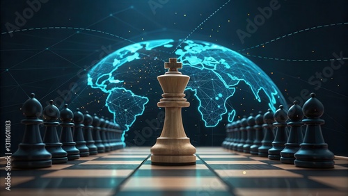White king chess piece on board, globe backdrop, strategic global dominance, conceptual image.