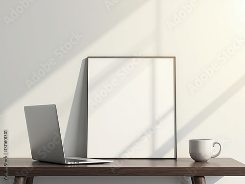 Maqueta minimalista con un marco cuadrado blanco sobre un escritorio moderno, acompañado de una elegante computadora portátil y una taza de café
