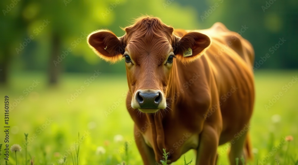 A young auburn cow gazes directly at the camera in a sun-drenched pasture, its rich coat gleaming in the warm light. A young auburn cow gazes directly at the camera in a sun-drenched pasture, its rich coat gleaming in the warm light.