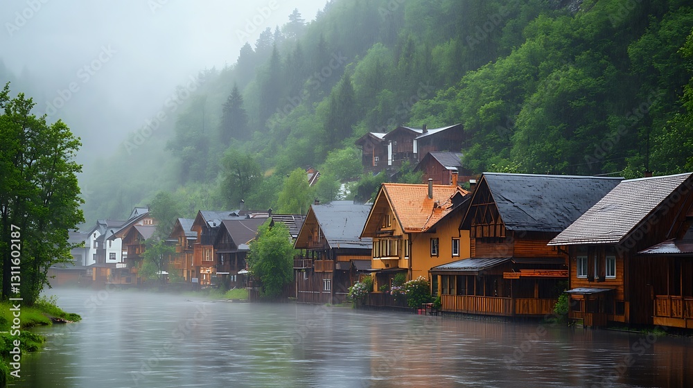 Fototapeta premium Misty rain over wooden houses by river.