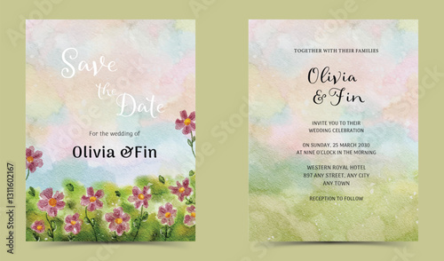 Watercolor Floral Field and Grass Wedding Invitation Template