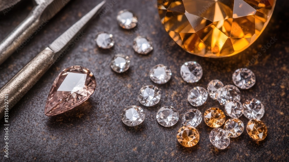 Certified gem appraisal workspace with neatly arranged professional tools. Certified gem appraisal workspace with neatly arranged professional tools.