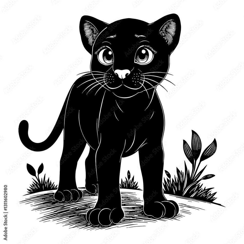 Fototapeta premium Cute Chibi Cartoon Black Panther Front View on Grass in Black and White Outline Line Art Drawing