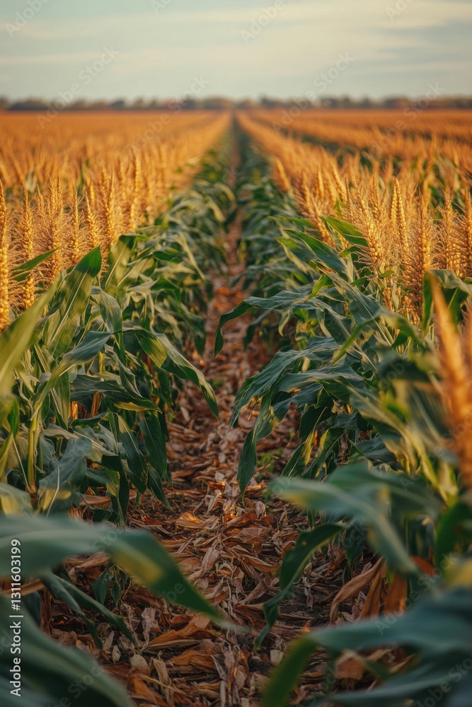 Green corn stalks in field. Plants grow tall. Golden field at horizon. Agriculture farm land. Autumn crop row. Leaves on ground. Green corn stalks in field. Plants grow tall. Golden field at horizon. Agriculture farm land. Autumn crop row. Leaves on ground.