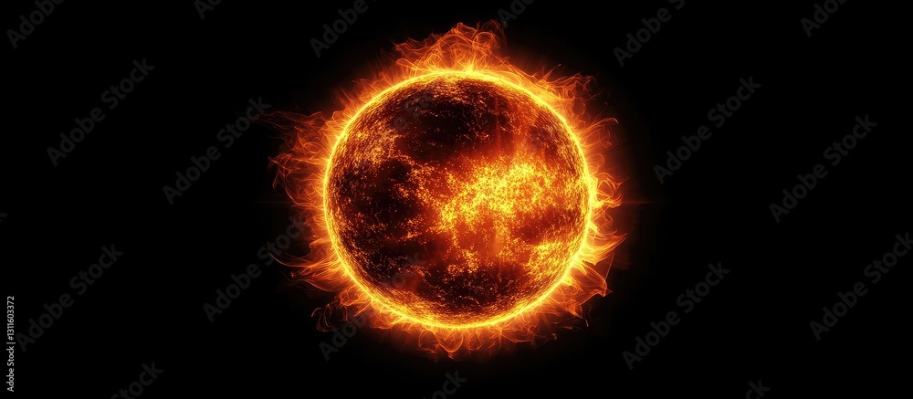 Fototapeta premium Vibrant orange and red sun flare texture against a pitch black background creating an abstract circular pattern with intense fiery edges.