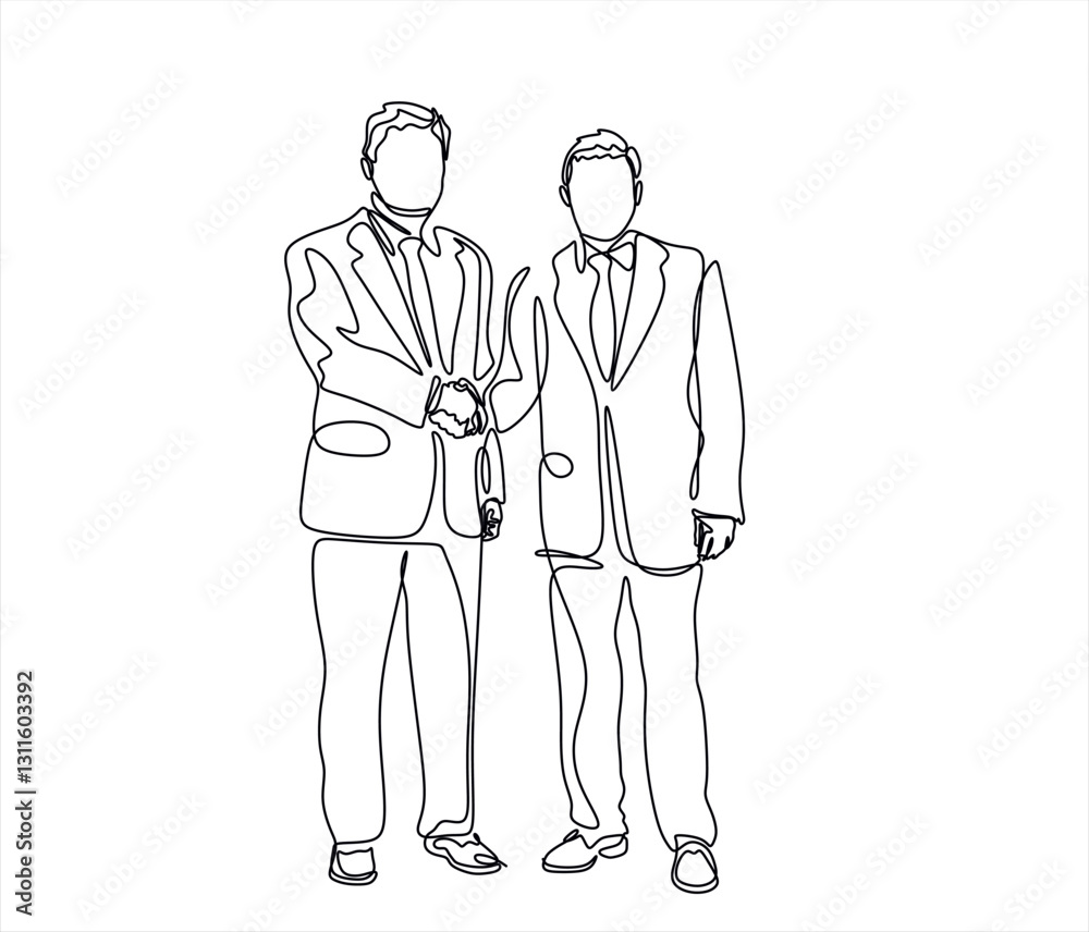 Continuous one line drawing, business partners, clients shaking hands, concluding a deal, an agreement. Business concept. Vector graphic illustration of one line drawing
Continuous one line drawing, business partners, clients shaking hands, concluding a deal, an agreement. Business concept. Vector graphic illustration of one line drawing
