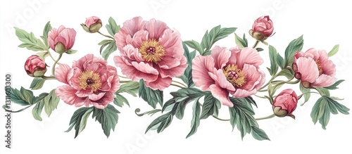 Delicate pink peony flowers arranged elegantly on a white background, showcasing lush greenery and various blooming stages for a romantic floral design.