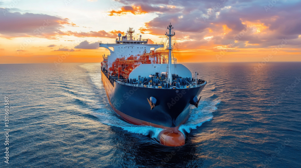 Fototapeta premium Large tanker ship sailing. Cargo vessel moving forward on the sea. Sunset colors in sky. Ocean transport and travel. Maritime shipping concept.