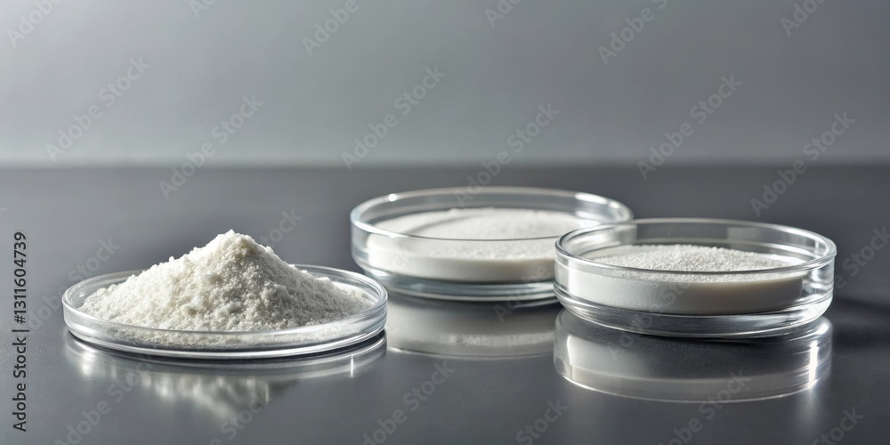 Laboratory analysis of fine white powders in glass dishes on a reflective surface Laboratory analysis of fine white powders in glass dishes on a reflective surface