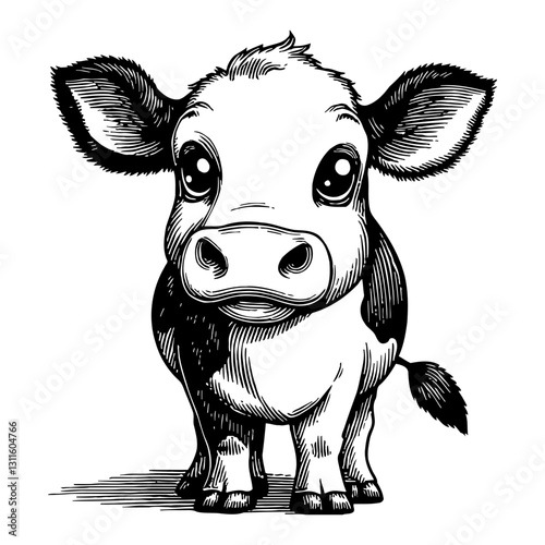 Adorable Cute Chibi Cartoon Cow Front View Detailed Black and White Outline Line Art Drawing