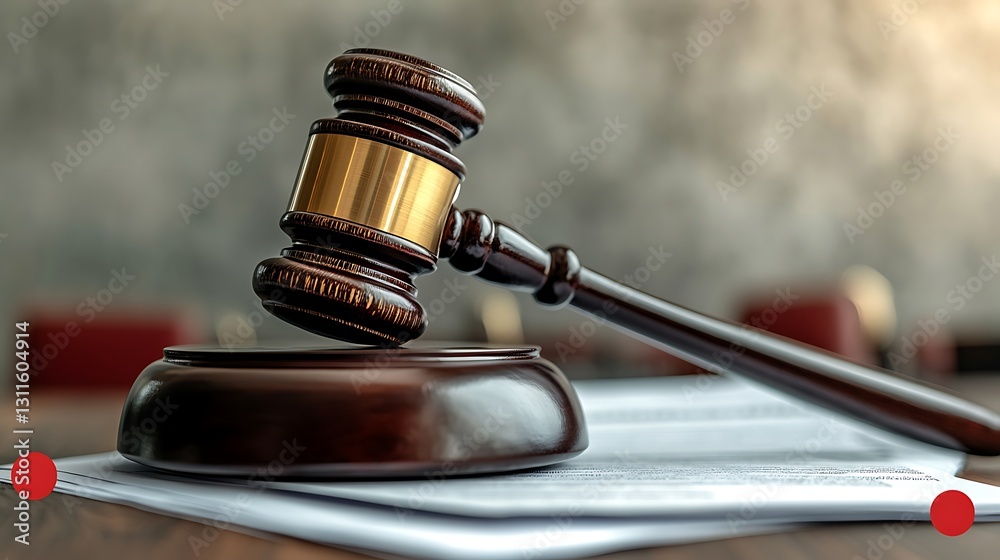 Obraz premium Dark Brown Wooden Gavel on Legal Documents