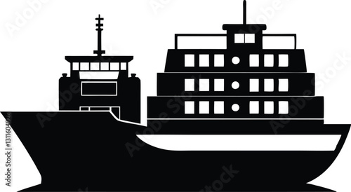 Container ship black silhouette on white background. Vessel ship silhouette illustration