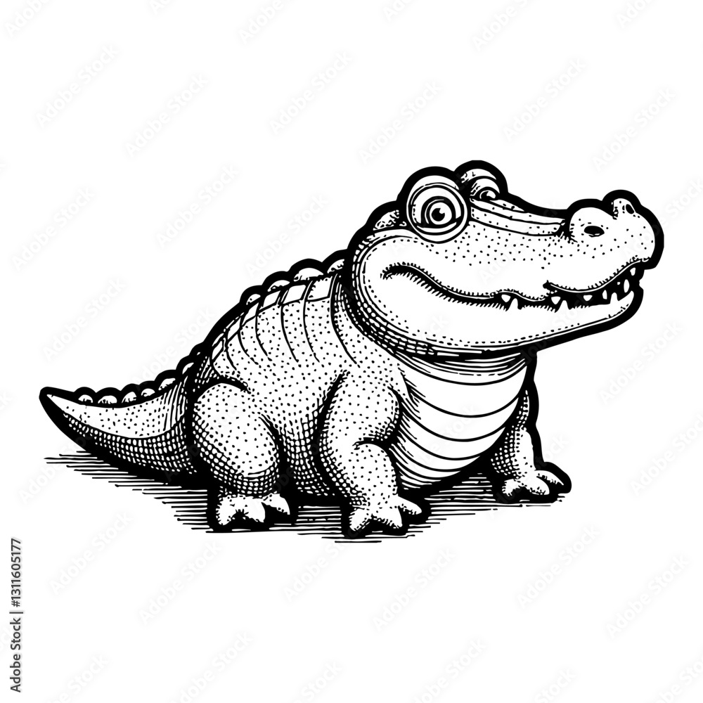 Fototapeta premium Cute Chibi Cartoon Crocodile Engraving Detailed Black and White Outline Line Art Drawing Style Design