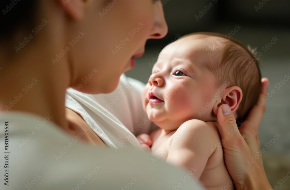 A mother lovingly cradles her newborn gazing at each other in a cozy setting. Morning light filters in creating a warm and intimate atmosphere in the home. A mother lovingly cradles her newborn gazing at each other in a cozy setting. Morning light filters in creating a warm and intimate atmosphere in the home.