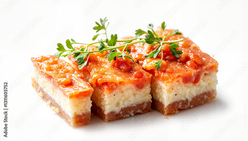 Delicious Msemmen slices garnished with herbs on white background, culinary delight Delicious Msemmen slices garnished with herbs on white background, culinary delight