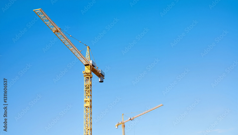 Yellow construction cranes against bright blue sky, industrial concept Yellow construction cranes against bright blue sky, industrial concept