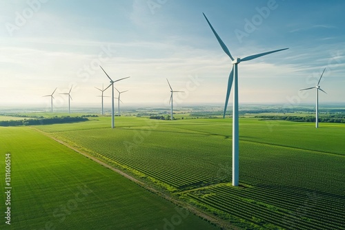 Aerial view of a vibrant wind farm nestled among lush farmland and thriving crops in a picturesque landscape.