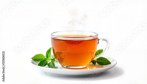 Moroccan mint tea steaming in glass cup on white background, freshness
