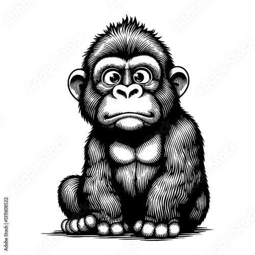 Adorable Chibi Gorilla Sitting and Looking Ahead Cute Cartoon Black and White Outline Line Art Drawing