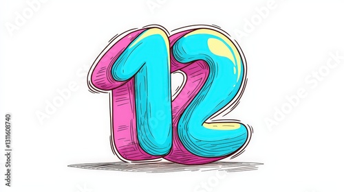 Colorful hand-drawn number twelve illustration.
