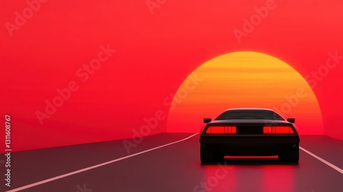 A silhouette of a car driving towards a vibrant red sunset on an open road, evoking a sense of adventure and tranquility.