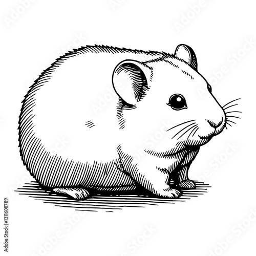 Cute Hamster Pet Rodent Animal Portrait Illustration Engraving Detailed Black and White Outline Line Art Drawing