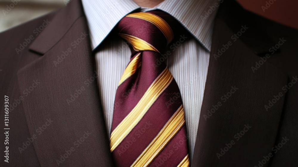 A deep brown shirt with a maroon and gold diagonally striped tie. A deep brown shirt with a maroon and gold diagonally striped tie.
