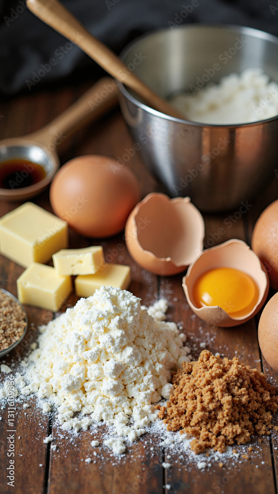 A Cozy Baking Scene: Essential Ingredients for Cake Preparation, Perfect for Cooking Blogs, Cookbooks, and Kitchenware Advertisements A Cozy Baking Scene: Essential Ingredients for Cake Preparation, Perfect for Cooking Blogs, Cookbooks, and Kitchenware Advertisements