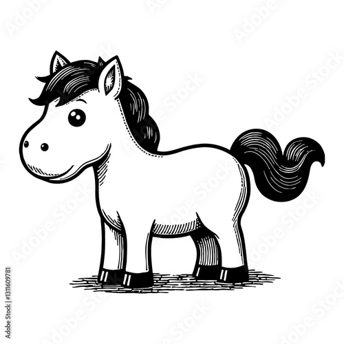 Cute Chibi Cartoon Horse Standing Black and White Outline Line Art Drawing Style Vector Illustration