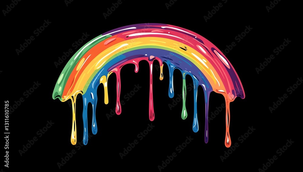 Naklejka premium Hyper-Realistic Colorful Dripping Rainbow with Detailed Gradient and Contour Lines, Vectorized Flat Design on Black Background