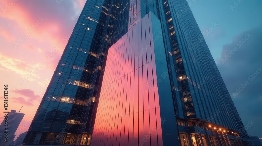 Naklejka premium Modern skyscraper reflecting vibrant sunset hues, a captivating architectural marvel against a twilight sky