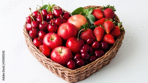 A heart-shaped basket filled with red apples, strawberries, and cherries on a white background.