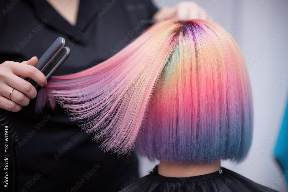 Naklejka premium Stylish woman with vibrant rainbow hair getting straightened with flat iron.
