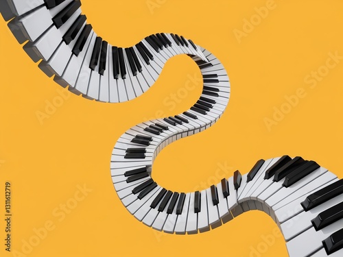 A creative twisting piano keyboard design against a vibrant yellow backdrop.