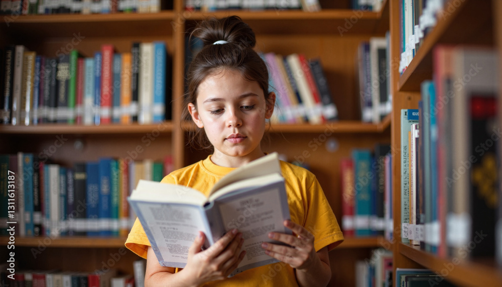 Young Girl Reading a Book in a Library for World Book Day
Young Girl Reading a Book in a Library for World Book Day