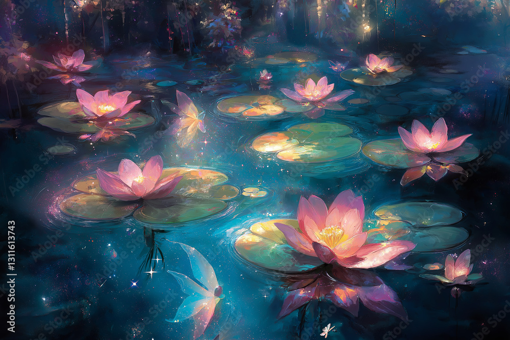 Glowing Flowers, Cosmic Ponds, and Magical Beings Under Multiple Moons