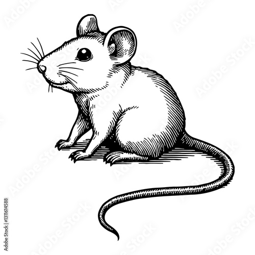 Cute Chibi Cartoon Rat Sitting and Posing Hand Drawn Detailed Black and White Outline Line Art Drawing
