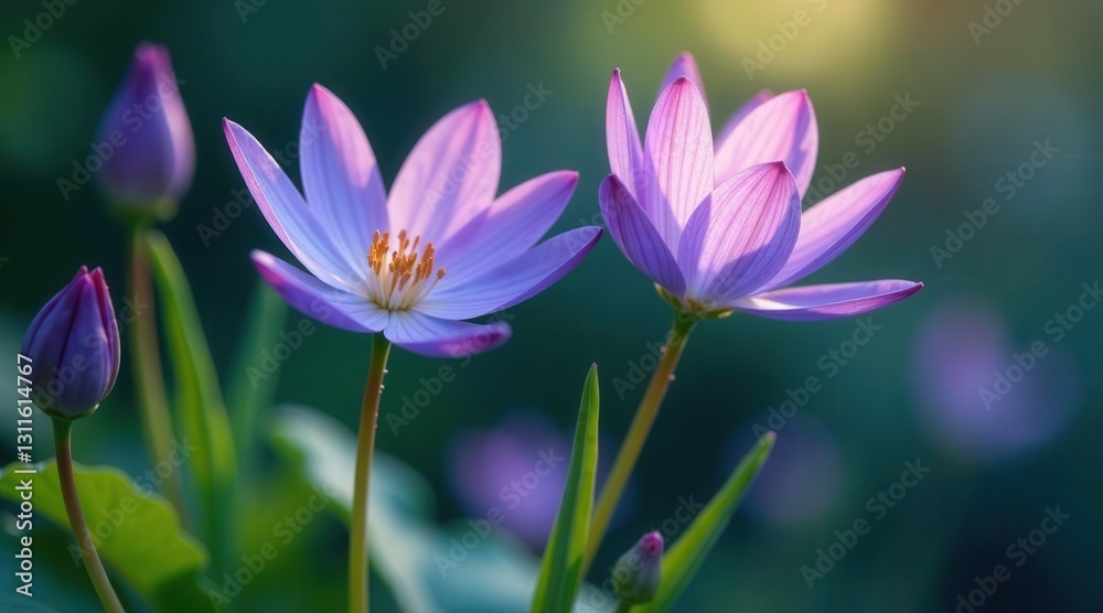 Serene pastel purple blossoms bathed in the soft glow of sunrise, delicate petals unfurling in the gentle morning light, showcasing nature's tranquil beauty Serene pastel purple blossoms bathed in the soft glow of sunrise, delicate petals unfurling in the gentle morning light, showcasing nature's tranquil beauty