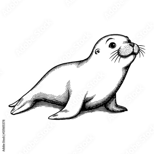 Cute Baby Chibi Sea Lion Lying Down Looking Up Detailed Decorative Black and White Outline Line Art Drawing