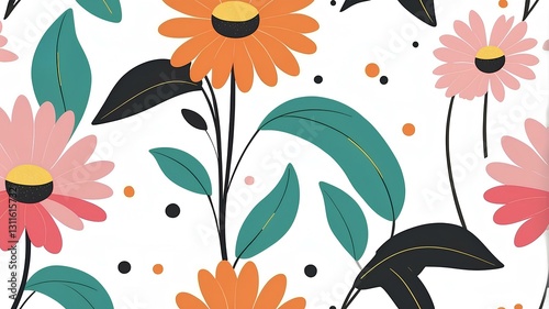 Modern style digital illustration with floral theme. The illustration features several large pink, orange, and yellow flowers with black centers.
