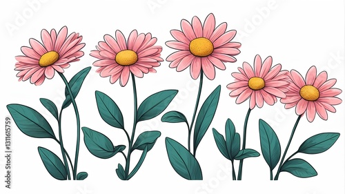 A minimalist digital illustration featuring four daisy-like flowers with white petals accented with pink. Each flower has a red center with a yellow circle in the middle.