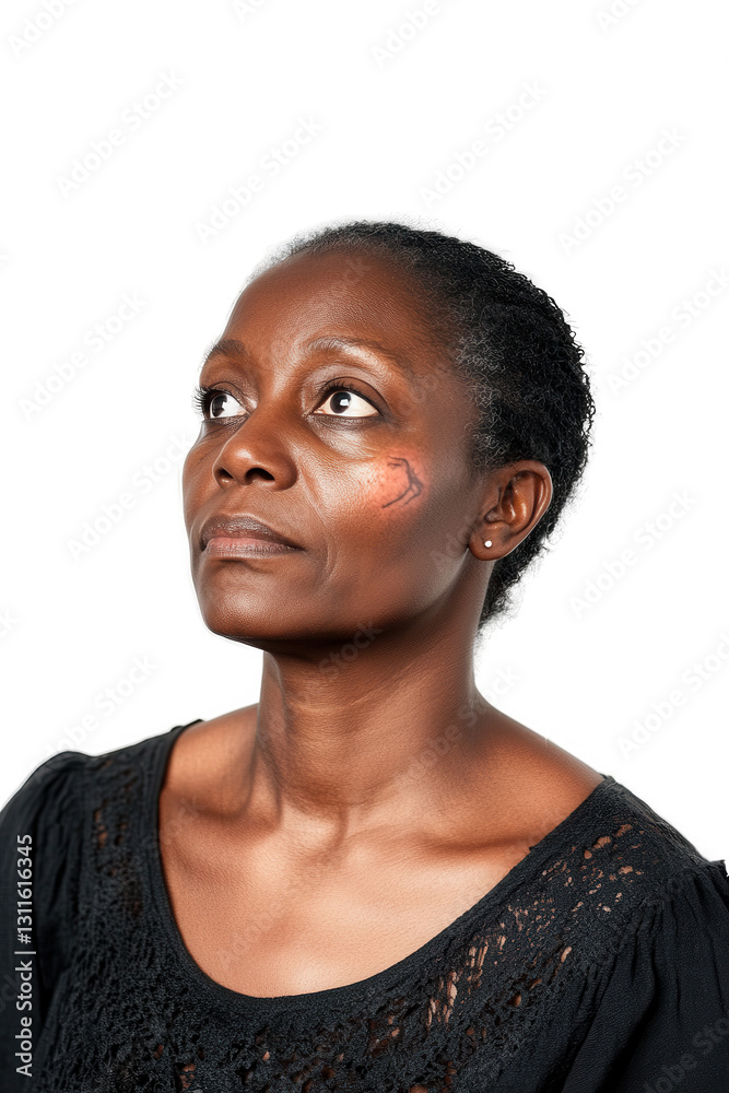 Obraz premium Woman with thoughtful expression looking up isolated on white background, reflecting deep thoughts and emotions, portrait of a serene African American female.