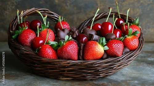 A romantic heart-shaped fruit basket featuring strawberries and chocolate-covered cherries.