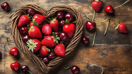 A rustic heart-shaped basket filled with fresh-picked strawberries and cherries.