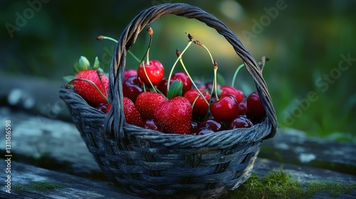 A rustic heart-shaped basket filled with fresh-picked strawberries and cherries.