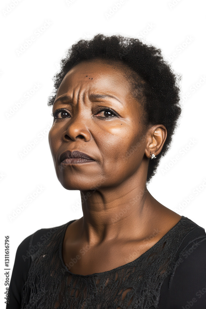 Obraz premium Serious African woman with short hair looking at the camera on white background showcasing strength, confidence, individuality, and beauty in portrait photography.