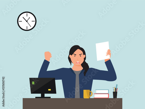 Angry, frustrated businesswoman or office employe working at office on computer. Office worker tired of work and screaming. Tired employee with mental burnout. cartoor, vector and illustration.
