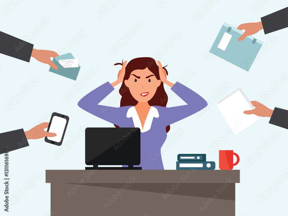 Angry, frustrated businesswoman or office employe working at office on computer. Office worker tired of work and screaming. Tired employee with mental burnout. cartoor, vector and illustration.