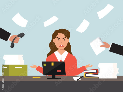 Angry, frustrated businesswoman or office employe working at office on computer. Office worker tired of work and screaming. Tired employee with mental burnout. cartoor, vector and illustration.