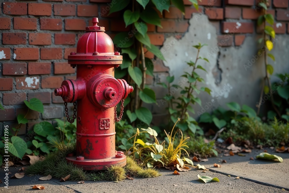 A weathered red fire hydrant stands sentinel, nestled amongst vibrant green foliage, against a backdrop of aged brickwork. A weathered red fire hydrant stands sentinel, nestled amongst vibrant green foliage, against a backdrop of aged brickwork.